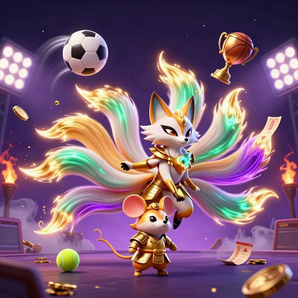 Rubah ekor sembilan dan tikus samurai emas dikelilingi bola olahraga neon, koin, dan lampu stadion.