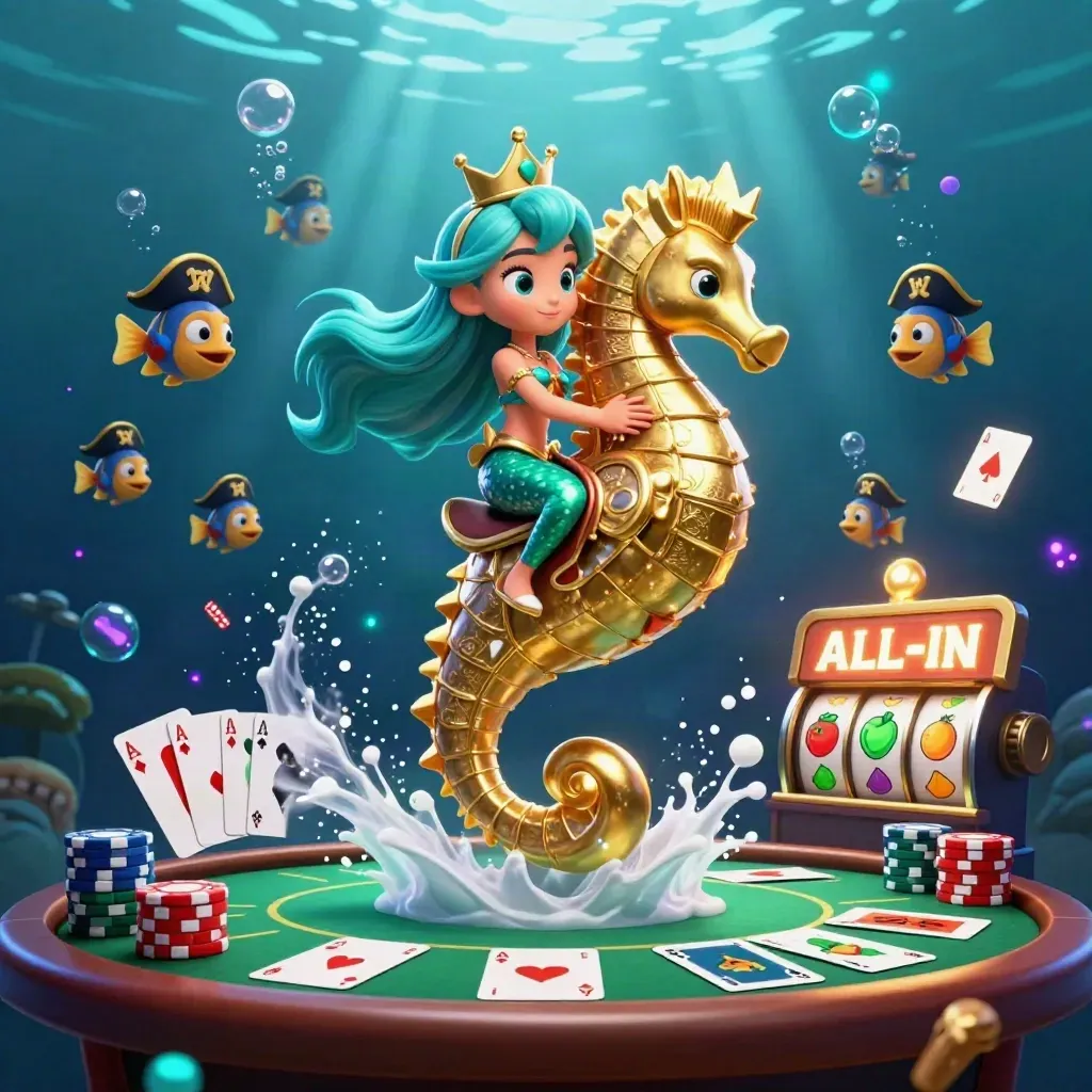 Putri duyung naik kuda laut emas, dikelilingi ikan bajak laut dan elemen poker bawah laut.