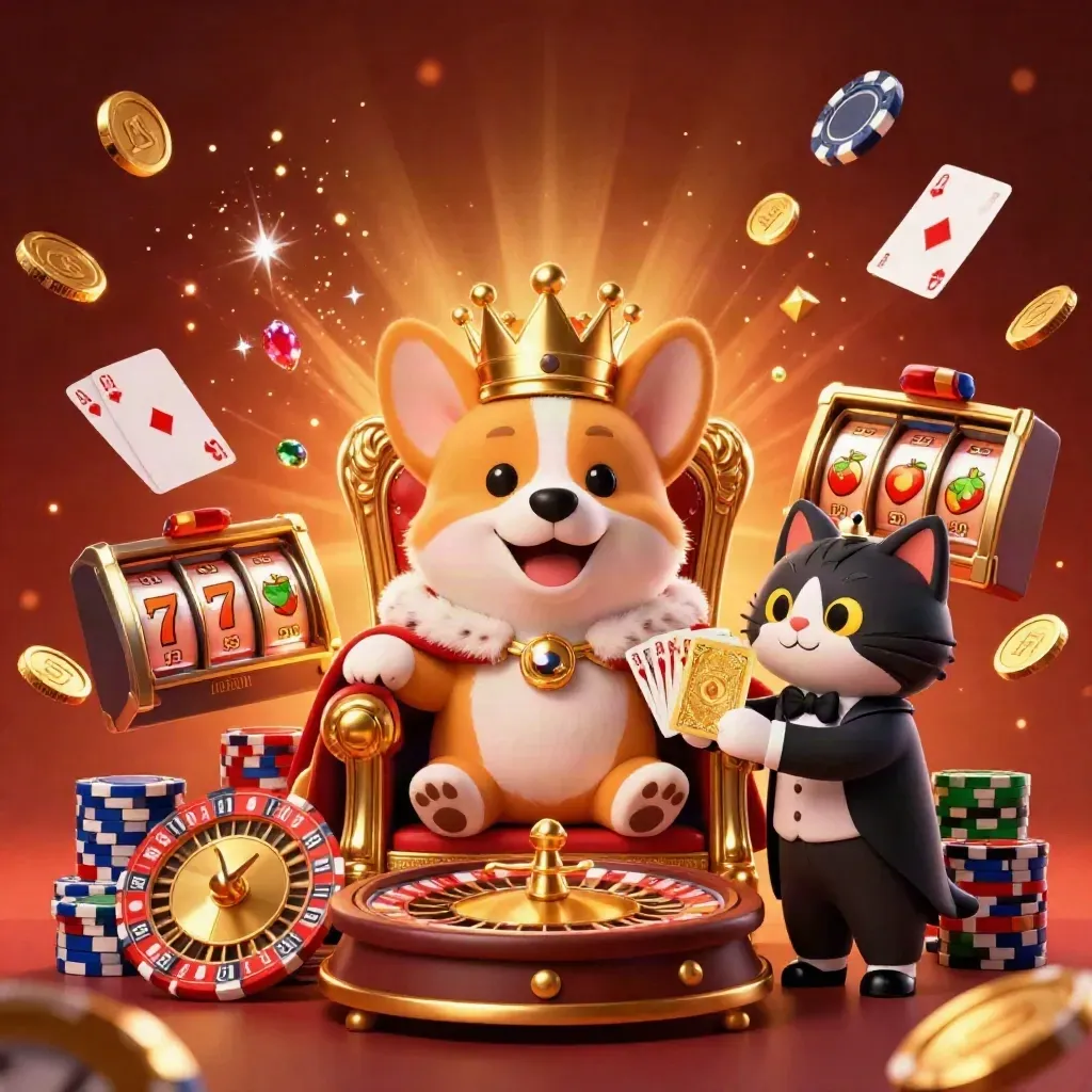 Korgi raja dan kucing pelayan di singgasana koin, dikelilingi slot, koin, dan kilau emas.